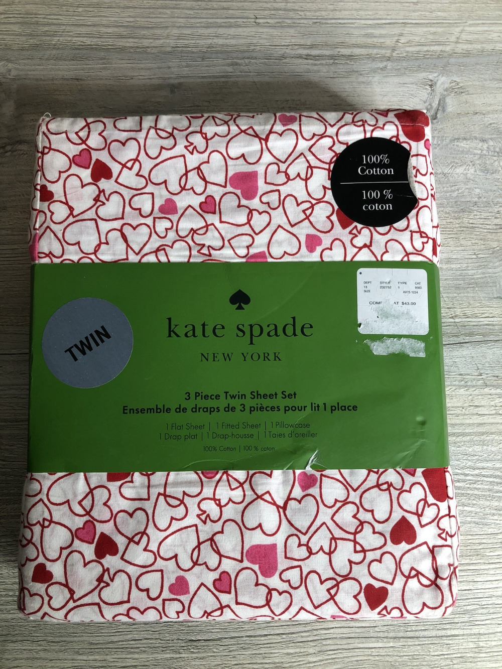 Kate Spade Twin Sheet Set Pink Red Outline Heart 3 Pc Cotton Love Valentine Day